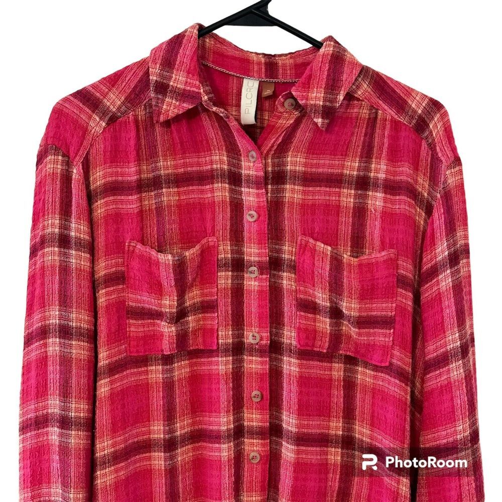 Pilcro Anthropologie Pink Plaid Pockets Crinkle Tunic Button Collared‎ Top XS - Picture 2 of 12